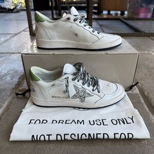 New - Golden Goose Ballstar white/silver/green glitter accent sneakers EU38